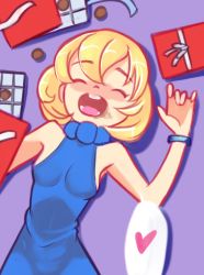 Rule 34 | 1girl, blonde hair, blue dress, box, box of chocolates, bracelet, breasts, candy, chocolate, drantyno, dress, closed eyes, food, food on face, gift, heart, highres, jewelry, lying, open mouth, short hair, sleeping, sleeveless, sleeveless dress, small breasts, smile, spoken heart, teeth, valentine