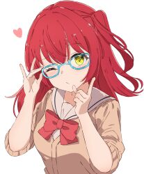 Rule 34 | 1girl, adjusting eyewear, aqua-framed eyewear, blush, bocchi the rock!, bow, bowtie, brown jacket, closed mouth, glasses, heart, highres, index finger raised, jacket, kita ikuyo, long hair, long sleeves, looking at viewer, one eye closed, one side up, red bow, red bowtie, red hair, runep, sailor collar, school uniform, sidelocks, sleeves pushed up, solo, upper body, white sailor collar, yellow eyes