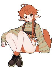 1boy borrowed_character braid chest_harness full_body green_sweater harness highres knees_up long_hair looking_at_viewer male_focus orange_eyes orange_hair original pointy_ears simple_background sitting solo sweater tail thong trap ty_z15 white_background