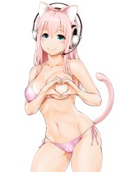 Rule 34 | 1girl, animal ears, aqua eyes, bikini, breasts, cameltoe, cat ears, cat tail, cleavage, closed mouth, collarbone, contrapposto, covered erect nipples, cowboy shot, ganari ryuu, gluteal fold, halterneck, headphones, headset, heart-shaped boob challenge, highres, large breasts, long hair, long sleeves, navel, one breast out, side-tie bikini bottom, sidelocks, simple background, smile, solo, standing, string bikini, super tama musume, swimsuit, tail, tamatoys, thighs, white background