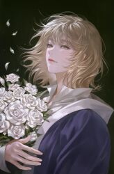Rule 34 | 1girl, blonde hair, blue jacket, bouquet, brown background, closed mouth, dungeon meshi, falin touden, falin touden (tallman), falling petals, floating hair, flower, hand up, highres, holding, holding bouquet, jacket, korean commentary, light smile, long sleeves, looking at viewer, mandaring0, no headwear, petals, rose, shirt, short hair, simple background, solo, upper body, white flower, white rose, white shirt, yellow eyes