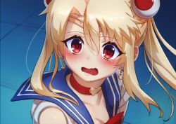 Rule 34 | 1girl, bishoujo senshi sailor moon, blonde hair, blue sailor collar, blush, carbon12th, choker, collarbone, commentary, cosplay, crescent, crescent earrings, derivative work, diadem, double bun, earrings, fate/kaleid liner prisma illya, fate (series), hair between eyes, hair bun, heart, heart choker, illyasviel von einzbern, jewelry, long hair, meme, open mouth, parted bangs, portrait, prisma illya, red choker, red eyes, sailor collar, sailor moon, sailor moon (cosplay), sailor moon redraw challenge (meme), sailor senshi uniform, screenshot redraw, solo, tearing up, tile floor, tiles, twintails, wavy mouth