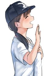 Rule 34 | 1girl, :d, baseball cap, black hat, blush, brown hair, closed eyes, commentary request, hair over shoulder, hand up, hat, highres, long hair, low ponytail, open mouth, original, ponytail, profile, shirt, short sleeves, simple background, smile, solo, white background, white shirt, yuki arare