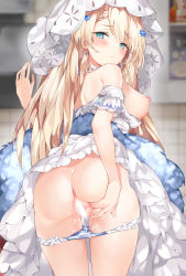 Rule 34 | 1girl, aimee (emi), ass, blue panties, blurry, braid, breasts, censored, depth of field, dress, g36 (girls&#039; frontline), g36 (pure white cornflower) (girls&#039; frontline), girls&#039; frontline, highres, looking at viewer, looking back, medium breasts, nipples, official alternate costume, panties, panty pull, pussy, solo, spread pussy, standing, tagme, underwear, wedding dress