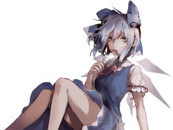 Rule 34 | 1girl, arm support, bad id, bad pixiv id, blue dress, blue eyes, blue hair, cirno, dress, eating, food, hair ribbon, looking at viewer, matching hair/eyes, popsicle, puffy short sleeves, puffy sleeves, ribbon, short hair, short sleeves, simple background, sitting, snowcake47, solo, touhou, white background, wings