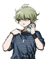 Rule 34 | 1boy, amami rantaro, danganronpa (series), danganronpa v3: killing harmony, green eyes, green hair, highres, jewelry, male focus, messy hair, necklace, no (xpxz7347), open mouth, shirt, short hair, simple background, solo, striped clothes, striped shirt, upper body, white background
