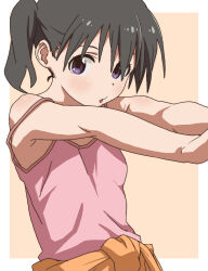 Rule 34 | 1girl, armpits, black hair, blush, camisole, clothes around waist, highres, kuraue hinata, open mouth, outstretched arms, purple eyes, short hair, simple background, solo, sweater, sweater around waist, twintails, upper body, yama no susume, ykr (youkiri)
