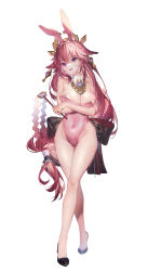 Rule 34 | 1girl, absurdres, alternate costume, animal ears, arms under breasts, back bow, bare arms, bare legs, bare shoulders, black footwear, bow, breasts, cleavage, collar, covered navel, crossed arms, crossed legs, detached collar, earrings, fake animal ears, floppy ears, fox ears, full body, genshin impact, gohei, groin, hair between eyes, hair ornament, hatachi8p, high heels, highleg, highleg leotard, highres, holding, holding gohei, jewelry, large breasts, legs, leotard, long hair, looking at viewer, low-tied long hair, parted lips, pink hair, pink leotard, playboy bunny, purple eyes, rabbit ears, sidelocks, simple background, smile, solo, standing, tachi-e, thighs, very long hair, white background, white collar, yae miko