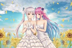 Rule 34 | 2girls, :d, ahoge, arm grab, bare arms, bare shoulders, blue eyes, blue hair, blue sky, breasts, choker, cleavage, cloud, cloudy sky, collarbone, couple, day, dress, female focus, flower, gloves, hair flower, hair ornament, halterneck, hands up, heterochromia, hokori sakuni, hololive, hug, hug from behind, interlocked fingers, kagura mea, kagura gumi, layered dress, long hair, looking at another, looking at viewer, medium breasts, minato aqua, multicolored hair, multiple girls, neck, open mouth, outdoors, own hands together, parted lips, petals, pink hair, purple eyes, purple flower, rose, side-by-side, silver hair, sky, smile, standing, streaked hair, sunflower, twintails, two-tone hair, very long hair, virtual youtuber, wedding dress, white choker, white dress, white gloves, wife and wife, yellow eyes, yellow flower, yuri