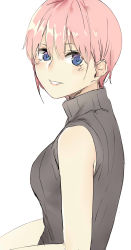 Rule 34 | 1girl, absurdres, bare shoulders, blue eyes, blush, breasts, collared shirt, from side, go-toubun no hanayome, hair between eyes, highres, looking at viewer, medium breasts, nakano ichika, open mouth, pink hair, rd (ardeee), ribbed sweater, shirt, short hair, simple background, sitting, smile, solo, sweater, tagme, white background
