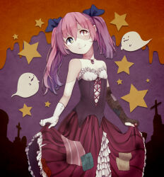 Rule 34 | 1girl, asymmetrical gloves, breasts, closed mouth, dress, ghost, gloves, heterochromia, highres, long hair, looking at viewer, mismatched gloves, original, purple hair, shifumame, sleeveless, sleeveless dress, solo, star (symbol), twintails, uneven twintails, zombie