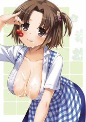 Rule 34 | 1girl, :p, apron, areola slip, bent over, blouse, blush, breasts, brown eyes, brown hair, cherry, cleavage, collarbone, covered erect nipples, cream, dress, food, fruit, gingham apron, hair ornament, holding, kobeya uniform, large breasts, looking at viewer, nakajima yuka, nipple slip, nipples, one side up, open clothes, open shirt, original, plaid, plaid apron, ponytail, sexually suggestive, shiny skin, shirt, short hair, side ponytail, smile, solo, suggestive fluid, textless version, tongue, tongue out, white shirt