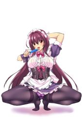 Rule 34 | 1girl, alternate costume, arm behind head, bad id, bad pixiv id, blush, bow, cleavage cutout, clothing cutout, commentary request, enmaided, fate/grand order, fate (series), frills, hair between eyes, holding, looking at viewer, maid, open mouth, panties, panties under pantyhose, pantyhose, purple hair, red bow, scathach (fate), shirokuma a, short hair, solo, spread legs, underwear, white background