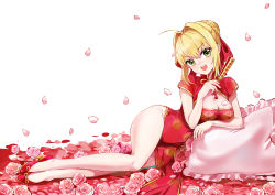 Rule 34 | 10s, 1girl, ahoge, bad id, bad pixiv id, blonde hair, breasts, china dress, chinese clothes, cleavage, cleavage cutout, clothing cutout, commentary request, dress, fate/extra, fate (series), fingernails, flower, green eyes, hair intakes, highres, jiushi shijiu, looking at viewer, lying, medium breasts, nero claudius (fate), nero claudius (fate) (all), nero claudius (fate/extra), on side, open mouth, petals, pillow, rose, simple background, solo, white background