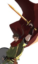 Rule 34 | 1boy, absurdres, arm up, bag, belt, blue ribbon, brown belt, brown eyes, brown hair, cape, facial hair, fate/grand order, fate (series), floating cape, goatee, golden sword, green tunic, haruakira, hector (fate), highres, holding, holding shield, holding sword, holding weapon, male focus, mature male, parted lips, ponytail, red cape, ribbon, satchel, shield, short sleeves, simple background, sword, tabard, weapon, white background