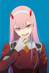 Rule 34 | 10s, 1girl, blue background, darling in the franxx, fangs, fangs out, fed (giba), green eyes, head tilt, highres, horns, long hair, military, military uniform, open mouth, pink hair, school uniform, simple background, solo, uniform, zero two (darling in the franxx)