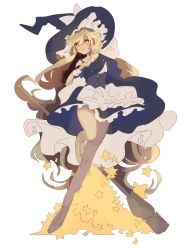 Rule 34 | 1girl, apron, black dress, blonde hair, bow, braid, broom, buttons, dress, frilled dress, frills, hair between eyes, hat, hat bow, highres, kirisame marisa, long hair, looking at viewer, puffy sleeves, shi chimi, shoes, short sleeves, side braid, simple background, single braid, sketch, solo, touhou, very long hair, waist apron, white background, white bow, witch hat