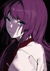 Rule 34 | 1girl, bakemonogatari, black background, blue eyes, closed mouth, eyelashes, from side, highres, juliet sleeves, long hair, long sleeves, looking at viewer, moku (muooku), monogatari (series), puffy sleeves, purple hair, senjougahara hitagi, shadow, simple background, smile, solo, swept bangs, upper body