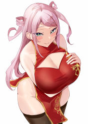 Rule 34 | 1girl, absurdres, ahoge, alternate breast size, bare shoulders, black thighhighs, breasts, check commentary, china dress, chinese clothes, cleavage, cleavage cutout, clothing cutout, commentary request, curvy, dress, green eyes, highres, huge breasts, long hair, looking at viewer, love live!, love live! nijigasaki high school idol club, love live! school idol festival all stars, namazu (yamasonson), pink hair, smile, solo, thighhighs, wide hips, zhong lanzhu