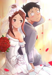 Rule 34 | 1boy, 1girl, absurdres, back-to-back, bare shoulders, black hair, blush, bouquet, breasts, bridal veil, brown eyes, brown hair, collarbone, commentary request, couple, dated, dress, elbow gloves, flower, gloves, hair flower, hair ornament, hair up, holding hands, highres, husband and wife, jewelry, karakai jouzu no takagi-san, looking back, necklace, nishikata, aged up, petals, red flower, red rose, rose, sidelocks, signature, sleeveless, sleeveless dress, small breasts, smile, strapless, strapless dress, takagi-san, tuxedo, veil, wedding, wedding dress, white dress, white flower, white gloves, white rose, zee n3