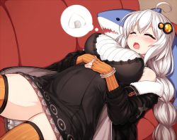 Rule 34 | 1girl, ahoge, bare shoulders, black dress, black jacket, blush, bracelet, braid, breasts, closed eyes, couch, dreaming, dress, fingerless gloves, food, fur-trimmed jacket, fur trim, gloves, hair ornament, hands on own stomach, ikea shark, jacket, jewelry, kizuna akari, large breasts, long hair, long sleeves, lying, null (nyanpyoun), on back, on couch, onigiri, open clothes, open jacket, open mouth, orange gloves, orange thighhighs, own hands together, panties, pantyshot, sleeping, solo, star (symbol), striped clothes, striped gloves, striped thighhighs, stuffed animal, stuffed shark, stuffed toy, thighhighs, twin braids, underwear, vertical-striped clothes, vertical-striped thighhighs, voiceroid, white hair, white panties