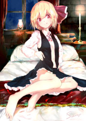 Rule 34 | 1girl, :q, barefoot, bed, bedroom, blonde hair, candle, candlelight, candlestand, frilled skirt, frills, hair ribbon, highres, indoors, navel, no panties, on bed, open clothes, open shirt, open vest, red eyes, ribbon, rumia, sakushou, shirt, short hair, signature, skirt, solo, tongue, tongue out, touhou, vest, window