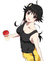 Rule 34 | :o, ahoge, araragi karen, black hair, black tank top, blush, breasts, collarbone, covered erect nipples, cup, egg hair ornament, food-themed hair ornament, from above, from side, grey eyes, hair ornament, highres, holding, holding cup, kakoikaren, large breasts, long hair, looking at viewer, monogatari (series), nisemonogatari, open mouth, shorts, sideboob, simple background, solo, standing, tank top, white background, yellow shorts