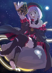 Rule 34 | 1girl, arm support, bare shoulders, belt, black thighhighs, blush, book, brown eyes, crossed legs, fate/grand order, fate (series), flat chest, hat, helena blavatsky (fate), helena blavatsky (third ascension) (fate), holding, holding book, looking at viewer, moon, night, off shoulder, open mouth, purple hair, short hair, sitting, sky, smile, solo, star (sky), starry sky, strapless, thighhighs, tsuru (clainman), ufo
