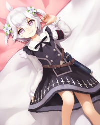Rule 34 | 1girl, azur lane, black dress, blouse, child, crumbles, dress, female focus, flower, hair flower, hair ornament, highres, looking at viewer, lying, on back, on bed, purple eyes, shirt, smile, solo, two side up, u-110 (a cute sharky reverie) (azur lane), u-110 (azur lane), white hair, white shirt