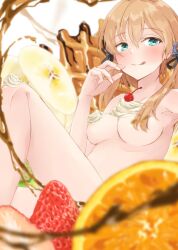 Rule 34 | 1girl, alakoala, blonde hair, blush, breasts, cherry, cleavage, completely nude, cream on breasts, food, food on body, fruit, highres, kantai collection, large breasts, long hair, looking at viewer, low twintails, nude, prinz eugen (kancolle), smile, solo, strawberry, syrup, twintails, waffle, whipped cream