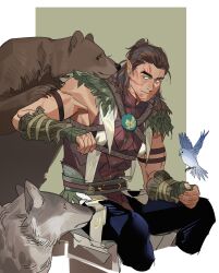 Rule 34 | 1boy, absurdres, affectionate, animal, baldur&#039;s gate, baldur&#039;s gate 3, bear, bird, brown hair, cropped legs, dark-skinned male, dark skin, dungeons &amp; dragons, elf, greensalad350, halsin, highres, light smile, looking at animal, male focus, mature male, medium hair, muscular, muscular male, outstretched arm, pectorals, pointy ears, sidepec, sitting, smile, solo, thick eyebrows, veins, veiny arms, wolf