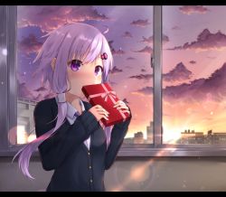 Rule 34 | 1girl, absurdres, black cardigan, blush, box, cardigan, city, cityscape, cloud, commentary, covering own mouth, gift, hair ornament, hair tubes, highres, holding, holding box, holding gift, indoors, lens flare, letterboxed, looking at viewer, purple eyes, purple hair, school, school uniform, shirua (s4-42424), short hair with long locks, sidelocks, solo, sunset, upper body, valentine, vocaloid, voiceroid, yuzuki yukari