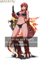 Rule 34 | 1girl, abs, animal hands, artist name, bad id, bad tumblr id, bikini, black bikini, blush, breasts, choice, claws, cleavage, collarbone, commentary, commission, cowfee, dark-skinned female, dark skin, english commentary, english text, eyepatch, fiery tail, fins, fire, full body, head fins, highres, huge weapon, lizard tail, long hair, looking at viewer, medium breasts, monster girl, monster girl encyclopedia, navel, parted lips, red eyes, red hair, salamander (monster girl encyclopedia), scales, scar, simple background, smile, solo, standing, swimsuit, sword, tail, weapon, white background