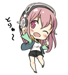 Rule 34 | 1girl, ;d, blush, breasts, chibi, headphones, long hair, looking at viewer, medium breasts, minoa (lastswallow), nitroplus, one eye closed, open mouth, pink eyes, pink hair, smile, solo, super sonico