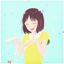 Rule 34 | 1girl, ^ ^, blouse, blue background, blurry, blurry background, blush, bob cut, breasts, brown hair, closed eyes, commentary, confetti, depth of field, facing viewer, falling petals, flower, green shirt, hair ornament, hair strand, hairclip, hands up, highres, iwakura mitsumi, open mouth, outside border, paw pose, petals, pink flower, sakakidani, shirt, short hair, short sleeves, skip to loafer, small breasts, smile, solo, upper body