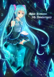 Rule 34 | 1girl, aqua eyes, aqua hair, boots, character name, detached sleeves, hatsune miku, highres, long hair, necktie, sakuyabm, sitting, skirt, solo, thigh boots, thighhighs, twintails, very long hair, vocaloid
