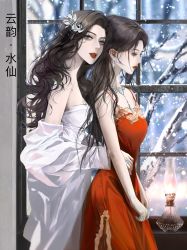 Rule 34 | 2girls, alternate costume, bare shoulders, bare tree, blue eyes, brown hair, character request, detached sleeves, doupo cangqiong, dress, earrings, ge ming guan, hand on another&#039;s hip, highres, jewelry, long hair, multiple girls, necklace, red dress, snow, tree, white dress, window, yun yun (doupo cangqiong)