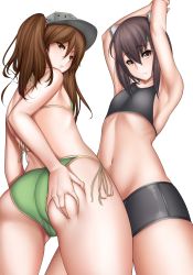 Rule 34 | 10s, 2girls, armpits, arms up, ass, ass grab, bike shorts, bikini, black bikini, breasts, brown eyes, brown hair, cleavage, collarbone, cowboy shot, crotch, deep skin, flat chest, from behind, from below, grabbing own ass, green bikini, hand on ass, hand under clothes, hand under swimsuit, hat, headband, headgear, highres, kantai collection, looking at viewer, looking back, looking down, midriff, multiple girls, navel, parted lips, ryuujou (kancolle), short hair, side-tie bikini bottom, side ponytail, sideboob, simple background, small breasts, smile, standing, stretching, swimsuit, taihou (kancolle), thigh gap, thighs, tony guisado, twintails, white background