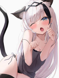 Rule 34 | 1girl, ;o, absurdres, amefukura art, animal ear fluff, animal ears, bare shoulders, black thighhighs, blue eyes, blush, breasts, camisole, cat day, cat ears, cat girl, cat tail, cleavage, collarbone, commentary request, cowboy shot, earrings, fang, highres, jewelry, long hair, looking at viewer, multicolored hair, one eye closed, original, paw pose, silver hair, simple background, skin fang, small breasts, solo, strap slip, streaked hair, tail, thighhighs, underwear, very long hair, white background