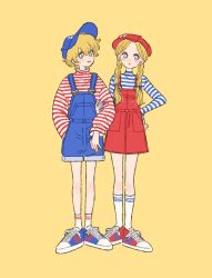 Rule 34 | 2girls, baseball cap, blonde hair, blue eyes, blue headwear, blue nails, blue overalls, blue shirt, braid, bubble, character request, color coordination, hand on own hip, hat, highres, locked arms, long sleeves, matching outfits, multiple girls, nail color coordination, nail polish, outfit coordination, overall shorts, overall skirt, overalls, red headwear, red lips, red nails, red overalls, red shirt, rikuwo, sanrio, shirt, shoes, short hair, sneakers, socks, striped clothes, striped legwear, striped shirt, turtleneck, twin braids, twintails, white shirt, yellow background