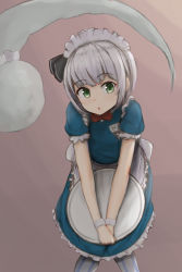 Rule 34 | 1girl, alternate costume, embarrassed, enmaided, green eyes, highres, konpaku youmu, kubure, maid, maid headdress, name tag, pantyhose, short hair, silver hair, simple background, solo, striped clothes, striped pantyhose, touhou, touhou lost word