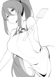 Rule 34 | 1girl, absurdres, alternate costume, apron, bare arms, bare shoulders, blush, breasts, byeon dha, closed mouth, colored inner hair, commentary, embarrassed, greyscale, hair ornament, hair scrunchie, highres, hololive, hololive indonesia, large breasts, leaning forward, looking at viewer, monochrome, moona hoshinova, moona hoshinova (1st costume), multicolored hair, nervous smile, no pants, ponytail, scrunchie, shirt, sleeveless, sleeveless shirt, smile, solo, twitter username, virtual youtuber