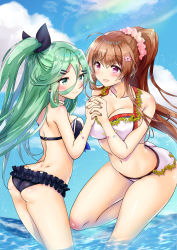 Rule 34 | 2girls, absurdres, ass, bikini, black ribbon, blue sky, blush, breasts, brown hair, butt crack, cherry blossoms, closed mouth, cloud, day, dimples of venus, flower, gradient sky, green hair, hair between eyes, hair flaps, hair flower, hair ornament, hair ribbon, hairclip, highres, holding own arm, kantai collection, large breasts, long hair, multiple girls, ocean, open mouth, ponytail, purple eyes, ribbon, sidelocks, sky, smile, swimsuit, thighs, very long hair, white bikini, yamakaze (kancolle), yamato (kancolle), yukidarumatan