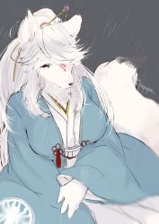 Rule 34 | 1girl, absurdres, dog, furry, furry female, green eyes, highres, japanese clothes, long hair, pozpozpoor, solo, white hair