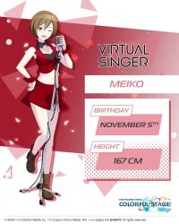 Rule 34 | 1girl, birthday, breasts, brown eyes, brown footwear, brown hair, character name, cleavage, colorful palette, crop top, full body, height, highres, meiko (vocaloid), meiko (vocaloid3), microphone stand, miniskirt, navel, official art, one eye closed, open mouth, project sekai, red skirt, skirt, smile, standing, standing on one leg, vocaloid, wrist cuffs