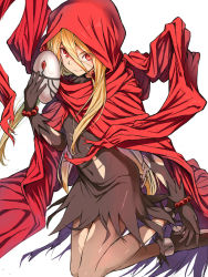 Rule 34 | 1girl, bead bracelet, beads, black dress, black gloves, blonde hair, bracelet, brown pantyhose, chain, cloak, closed mouth, dress, evileye (overlord), gloves, hair between eyes, hand up, highres, holding, holding mask, hood, hood up, hooded cloak, jewelry, kimagure blue, long hair, looking at viewer, mask, unworn mask, overlord (maruyama), pantyhose, prayer beads, red eyes, red scarf, revision, scarf, simple background, solo, torn clothes, torn dress, torn pantyhose, v-shaped eyebrows, very long hair, white background