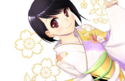 Rule 34 | 1girl, black hair, japanese clothes, kimono, long sleeves, mignon, new year, purple eyes, schmooze, smile, solo