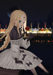 Rule 34 | 1girl, abigail williams (event portrait) (fate), abigail williams (fate), absurdres, black hat, black shirt, blonde hair, blue eyes, bodystocking, braid, braided ponytail, breasts, candy apple, dress, fate/grand order, fate (series), food, forehead, grey dress, hat, highres, keyhole, long hair, long sleeves, looking at viewer, night, night sky, off shoulder, parted bangs, shiro ami, shirt, sidelocks, sitting, sky, small breasts, smile, solo, very long hair