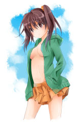 Rule 34 | 1girl, breasts, brown hair, cleavage, female focus, gradient background, hand in pocket, highres, jacket, long hair, natsu (natume0504), navel, open clothes, open jacket, original, skirt, sky, solo