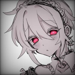 Rule 34 | 1boy, aida yuuya, androgynous, blush, collared shirt, crossdressing, greyscale, headband, highres, looking at viewer, maid, maid headdress, male focus, monochrome, natsumoriii, ookami game (studio wasabi), open mouth, parted lips, pink eyes, shirt, short hair, sketch, solo, white background